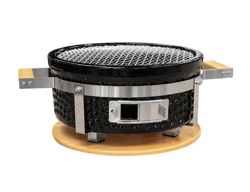 Keramický gril | kulatý | 34,5 cm | černý | se dřevěným podstavcem
