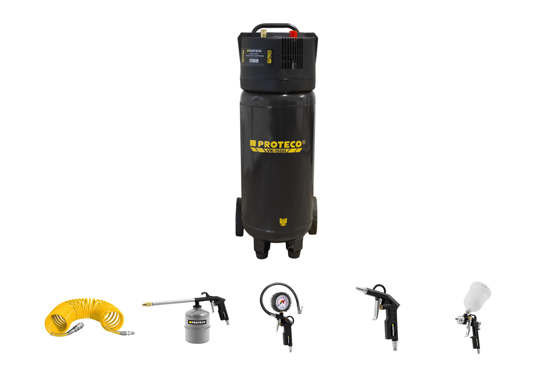 PROTECO kompresor 1.5kW bezolejový vertikální HOBBY, nádoba 50L + sada pneumatického nářadí 5-dílná