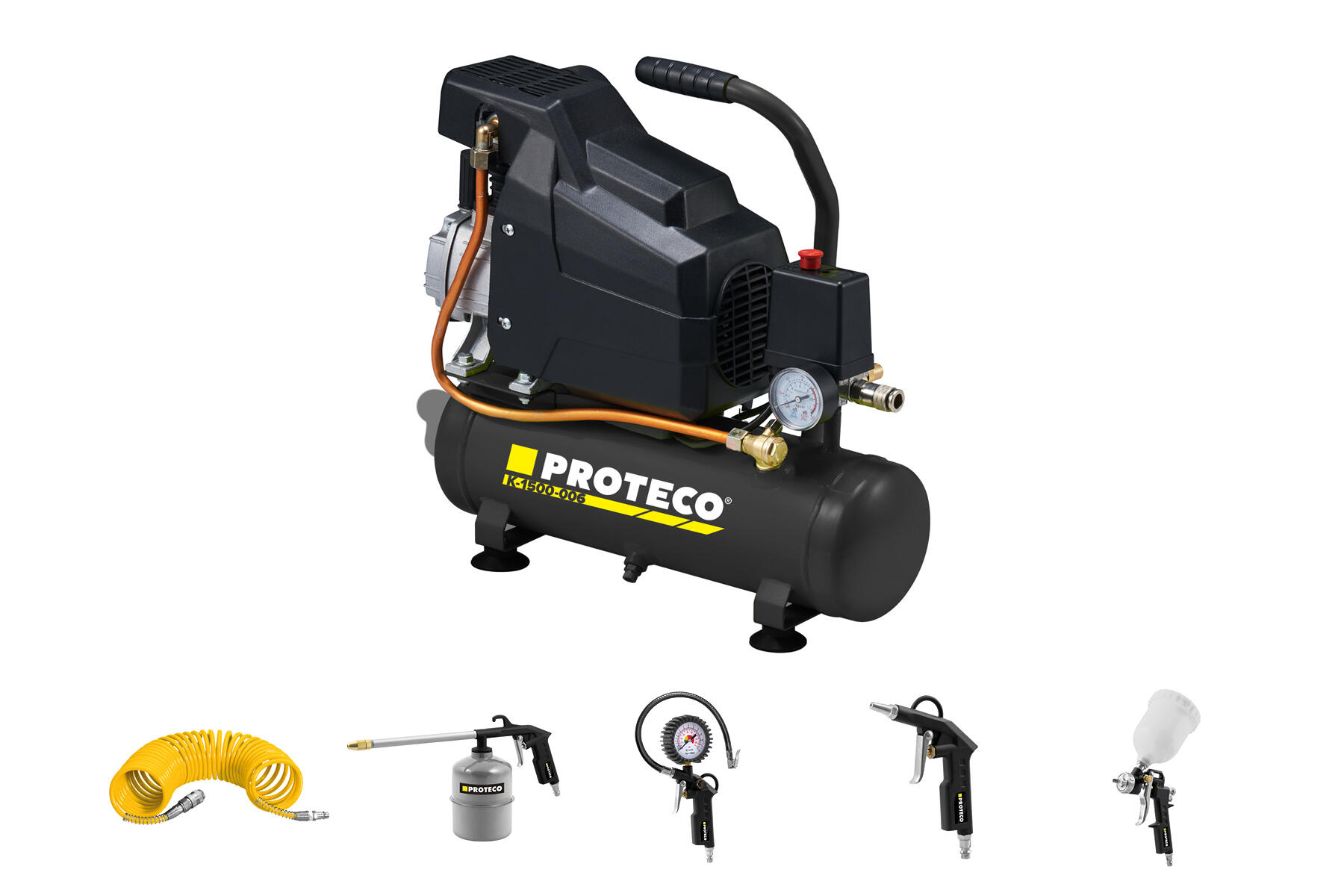 PROTECO kompresor 1,1 kW / 6l olejový + sada pneumatického nářadí 5-dílná