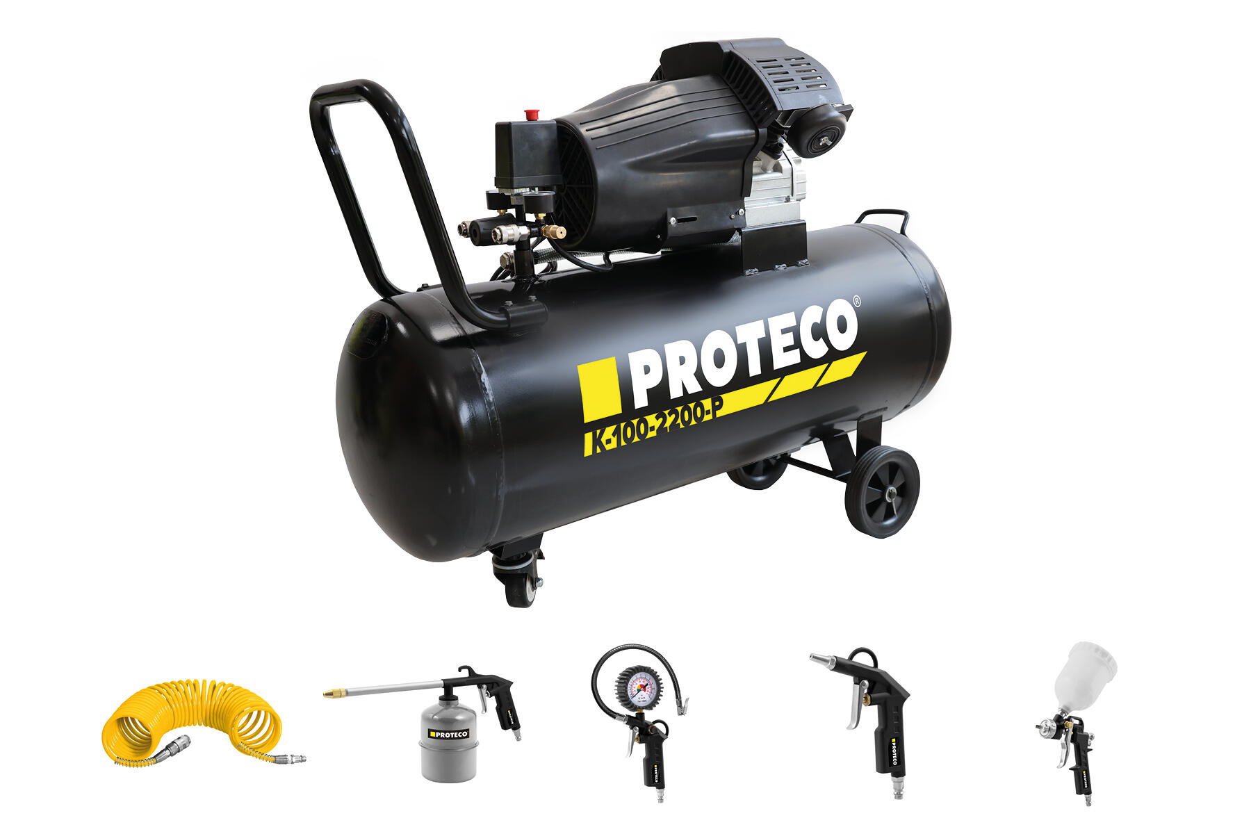 PROTECO kompresor 2,2kW, nádoba 100L + sada pneumatického nářadí 5-dílná