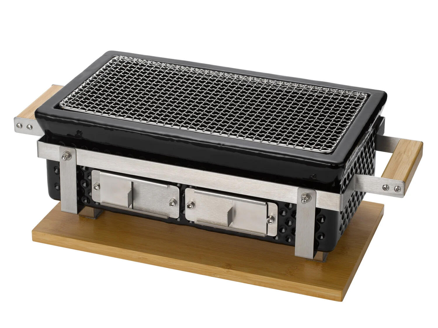 PROTECO 62.22-GK-BBQ-HRA-C Hranatý keramický gril 39,5 x 22 cm, černý se dřevěným podstavcem
