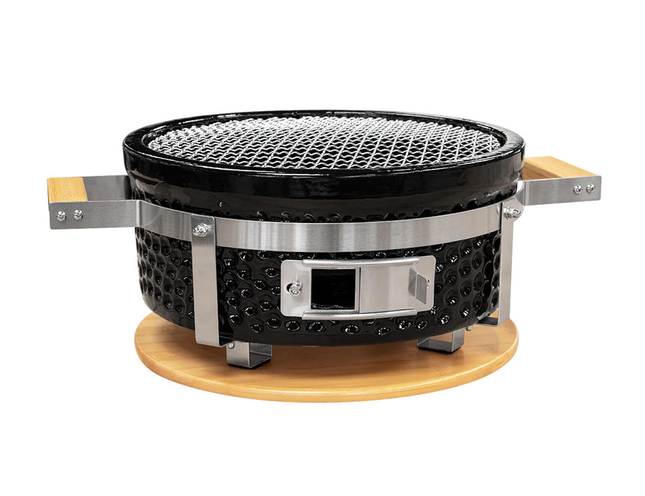 PROTECO 62.22-GK-BBQ-KUL-C Kulatý keramický gril 34,5 cm, černý, se dřevěným podstavcem